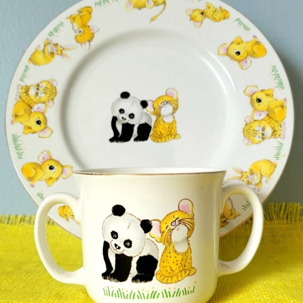 2 Pc Action Child's Dinner Set Plate Cup Wild Baby Animals Japan Vintage